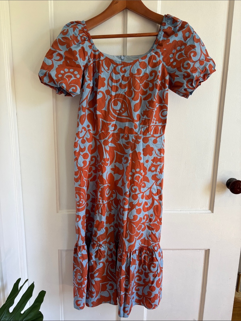 Talbots Floral Puff Sleeve Midi Dress - Rust & Light Blue